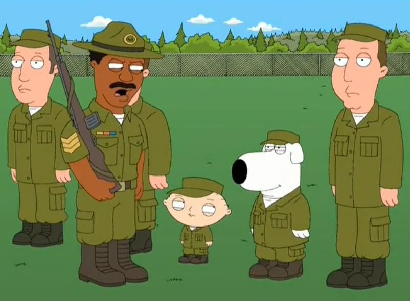 Стьюи подписывает контракт и попадают в армию вместе с Брайаном. Какая серия Гриффинов?